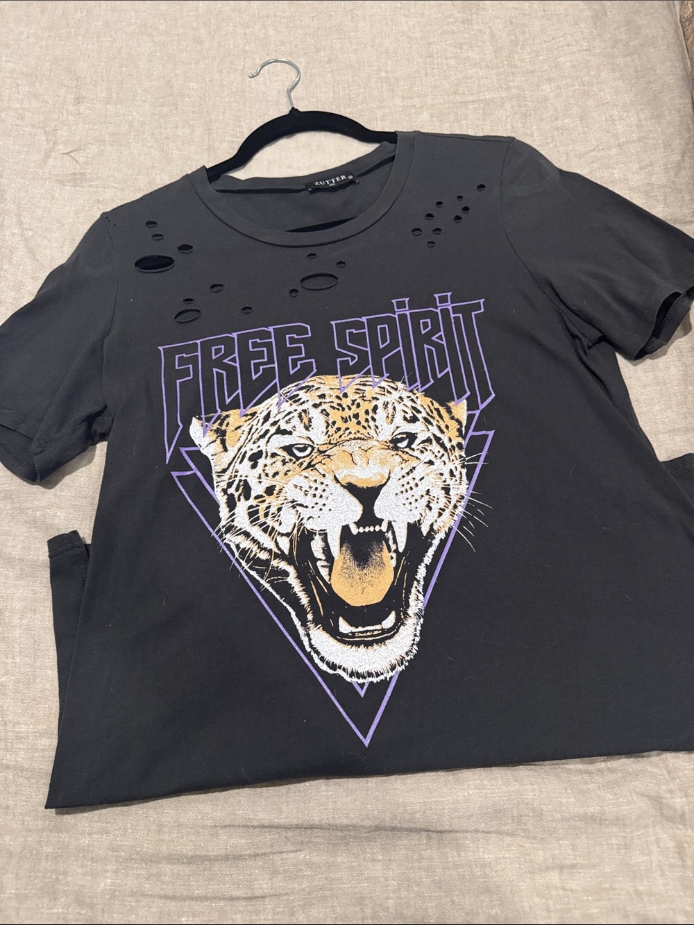 Free Spirit Graphic Tee - Black with Purple & Tan Leopard